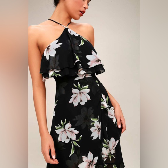 Lulus Divine Desire Black Floral Print Halter Midi Dress with Feminine Ruffles - Picture 4 of 8
